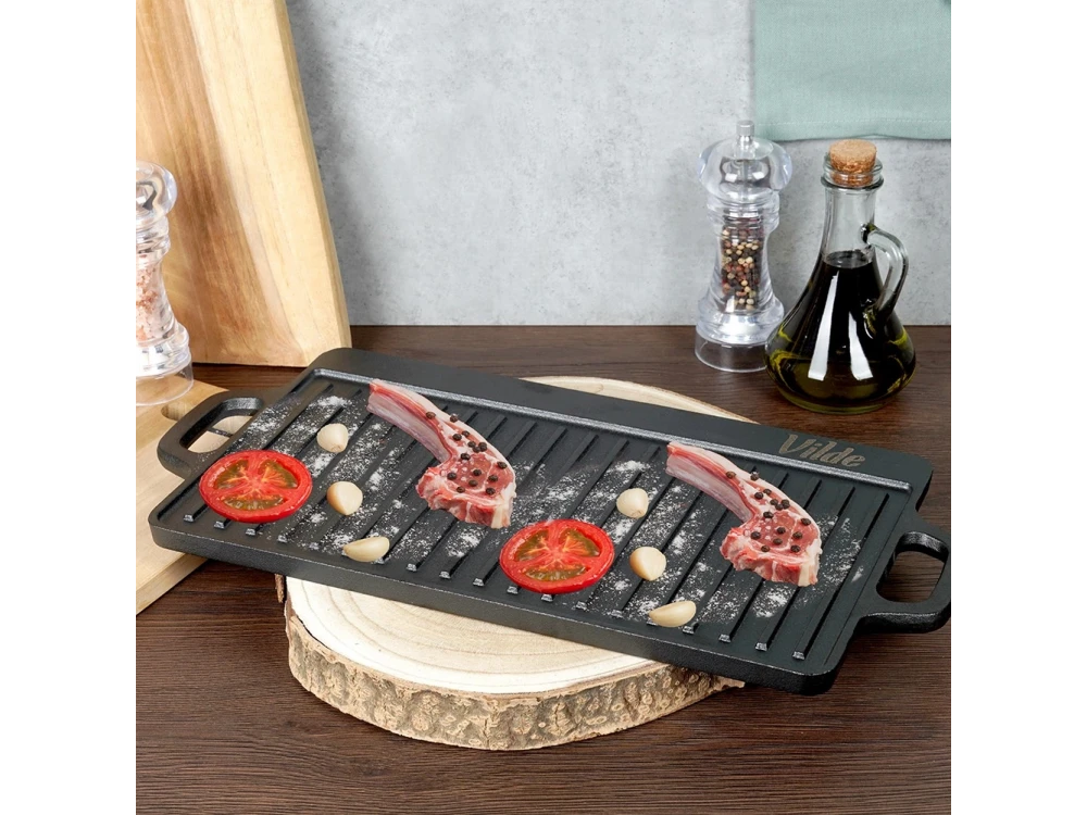 Vilde Premium Cast Iron Grill Plate 45x25cm, Πλάκα Ψησίματος Διπλής Όψης από Μαντέμι με Λεία & Ραβδωτή Επιφάνεια