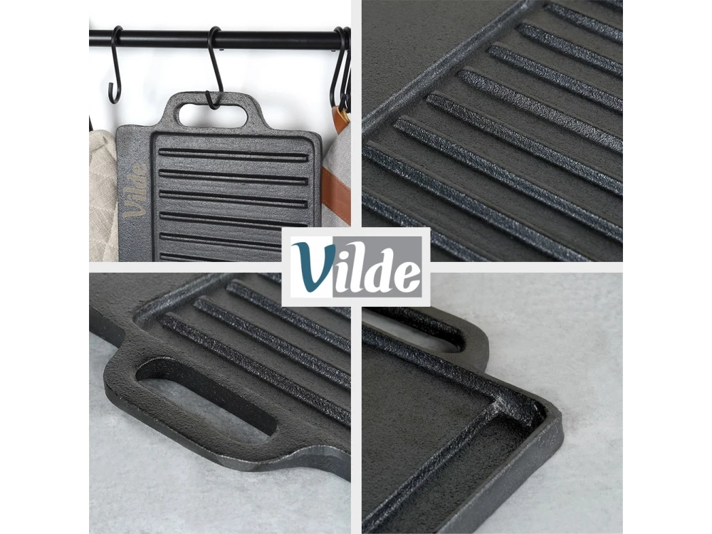 Vilde Premium Cast Iron Grill Plate 45x25cm, Πλάκα Ψησίματος Διπλής Όψης από Μαντέμι με Λεία & Ραβδωτή Επιφάνεια