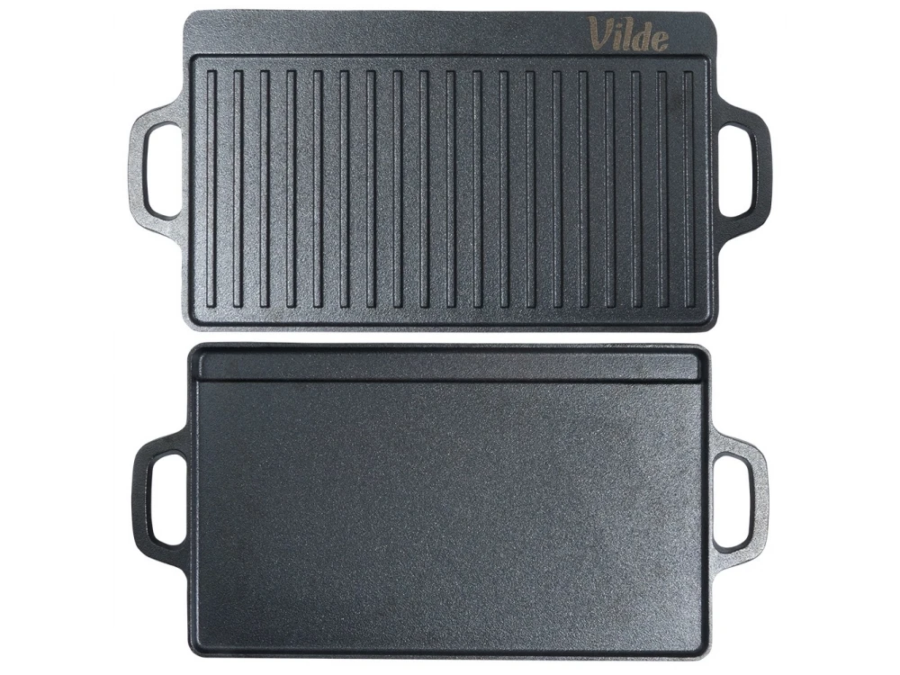 Vilde Premium Cast Iron Grill Plate 45x25cm, Πλάκα Ψησίματος Διπλής Όψης από Μαντέμι με Λεία & Ραβδωτή Επιφάνεια