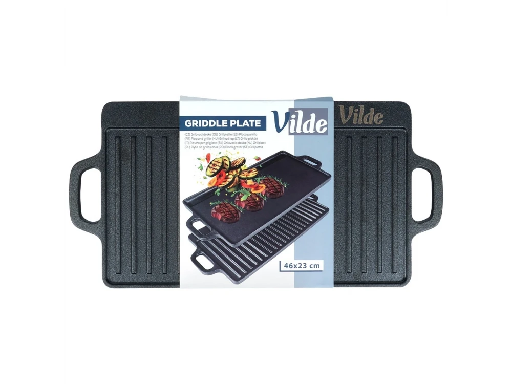 Vilde Premium Cast Iron Grill Plate 45x25cm, Πλάκα Ψησίματος Διπλής Όψης από Μαντέμι με Λεία & Ραβδωτή Επιφάνεια