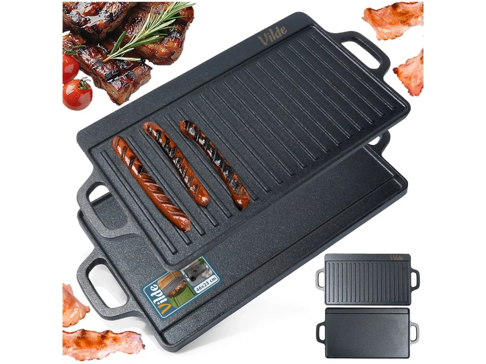 Vilde Premium Cast Iron Grill Plate 45x25cm, Πλάκα Ψησίματος Διπλής Όψης από Μαντέμι με Λεία & Ραβδωτή Επιφάνεια