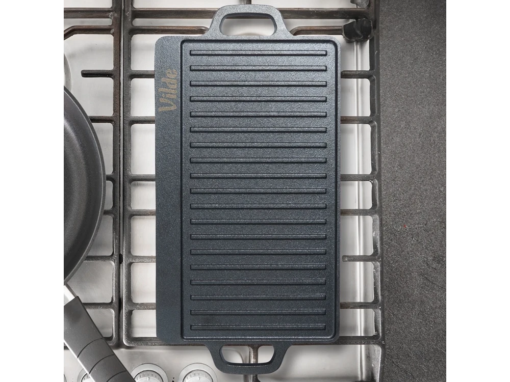 Vilde Premium Cast Iron Grill Plate 45x25cm, Πλάκα Ψησίματος Διπλής Όψης από Μαντέμι με Λεία & Ραβδωτή Επιφάνεια