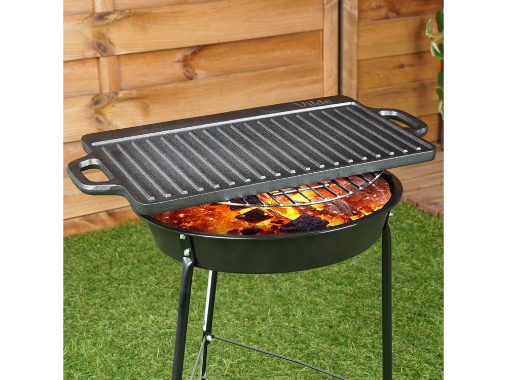 Vilde Premium Cast Iron Grill Plate 45x25cm, Πλάκα Ψησίματος Διπλής Όψης από Μαντέμι με Λεία & Ραβδωτή Επιφάνεια