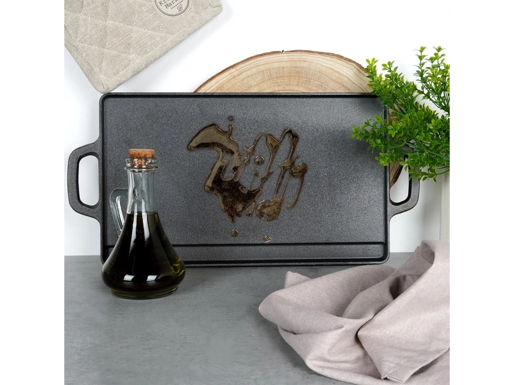 Vilde Premium Cast Iron Grill Plate 45x25cm, Πλάκα Ψησίματος Διπλής Όψης από Μαντέμι με Λεία & Ραβδωτή Επιφάνεια