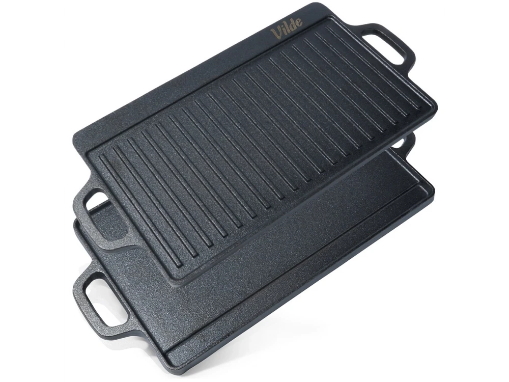 Vilde Premium Cast Iron Grill Plate 45x25cm, Πλάκα Ψησίματος Διπλής Όψης από Μαντέμι με Λεία & Ραβδωτή Επιφάνεια