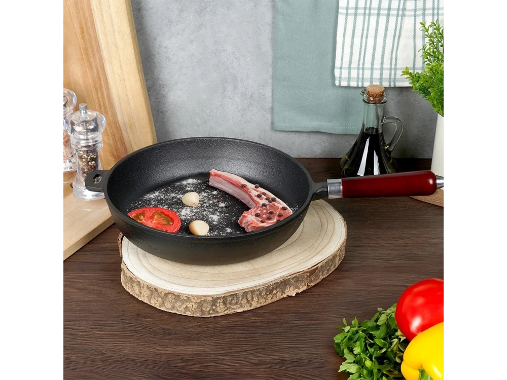 Vilde Premium Cast Iron Skillet 28cm, Cast Iron Frying Pan with Wooden Handle
