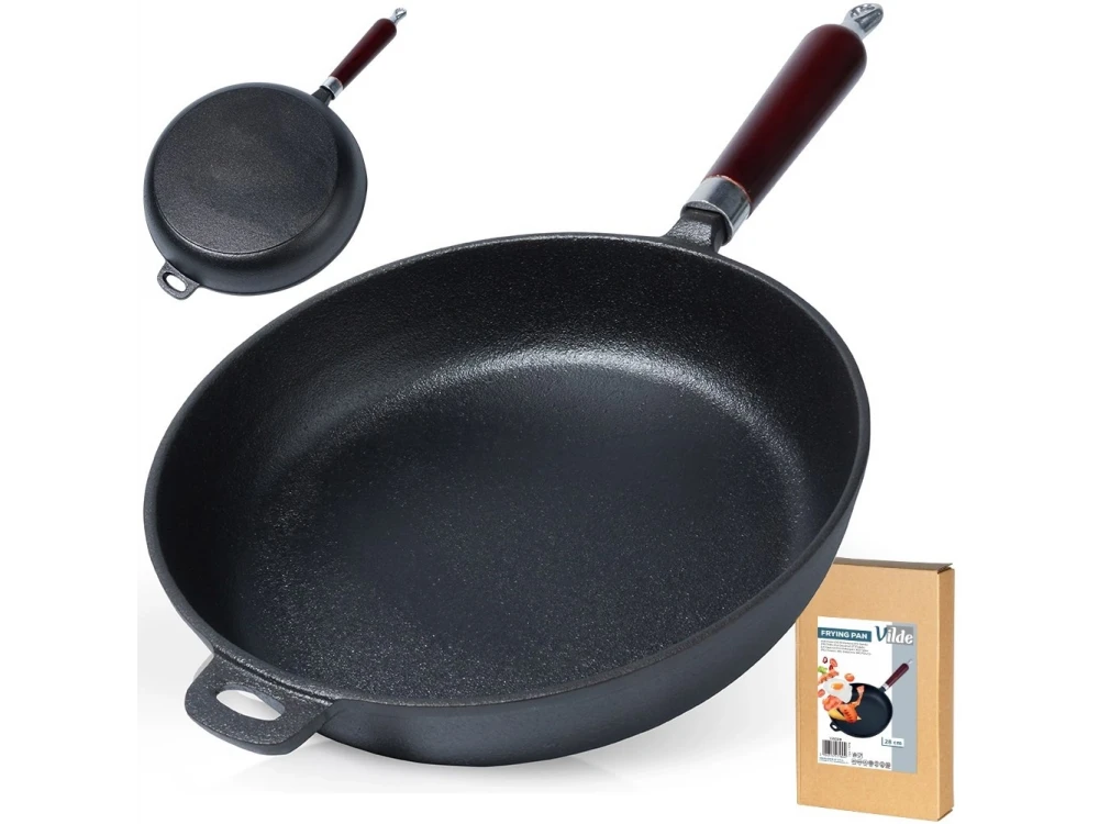 Vilde Premium Cast Iron Skillet 28cm, Cast Iron Frying Pan with Wooden Handle