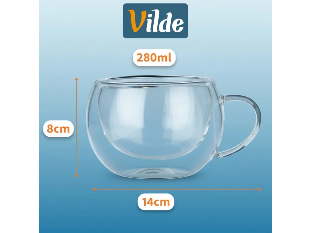 Vilde Premium Double Walled Glass, Cappuccino Cups Set of 2 280ml Double Borosilicate, with Handle