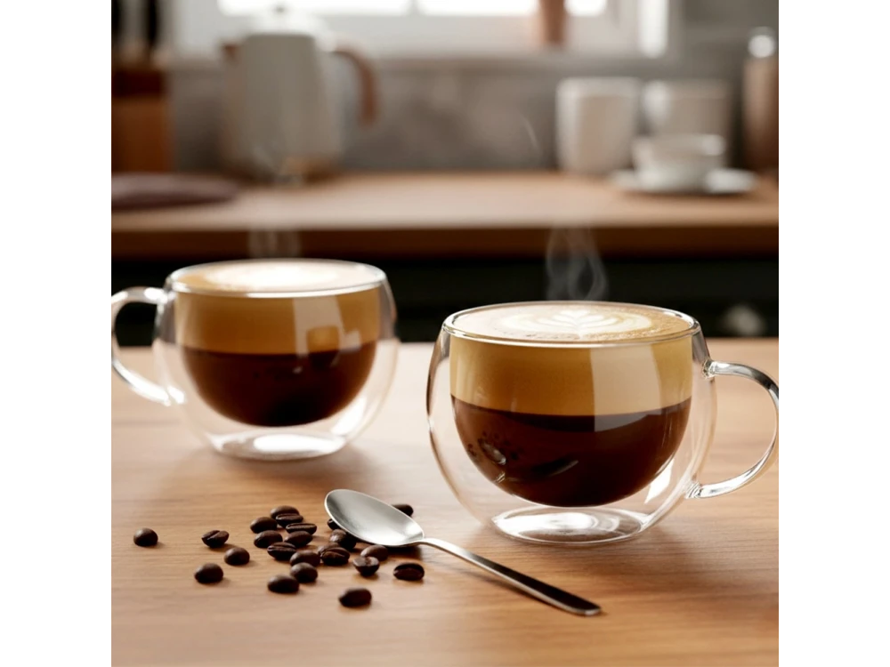 Vilde Premium Double Walled Glass, Cappuccino Cups Set of 2 280ml Double Borosilicate, with Handle