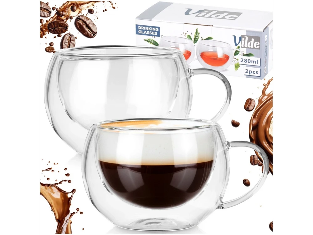 Vilde Premium Double Walled Glass, Cappuccino Cups Set of 2 280ml Double Borosilicate, with Handle
