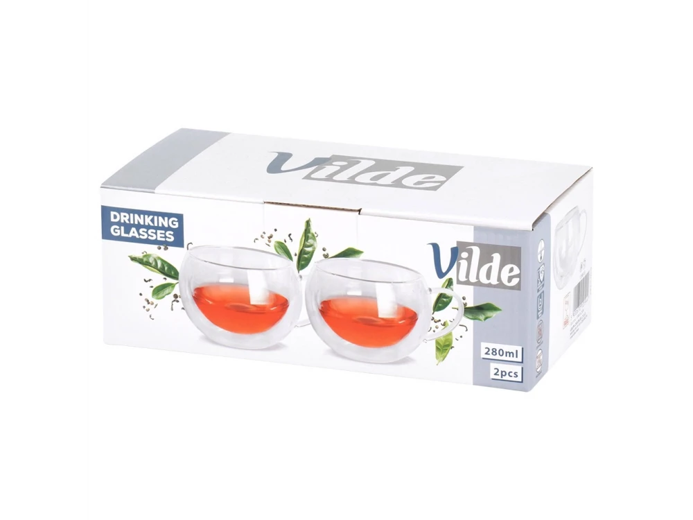 Vilde Premium Double Walled Glass, Cappuccino Cups Set of 2 280ml Double Borosilicate, with Handle