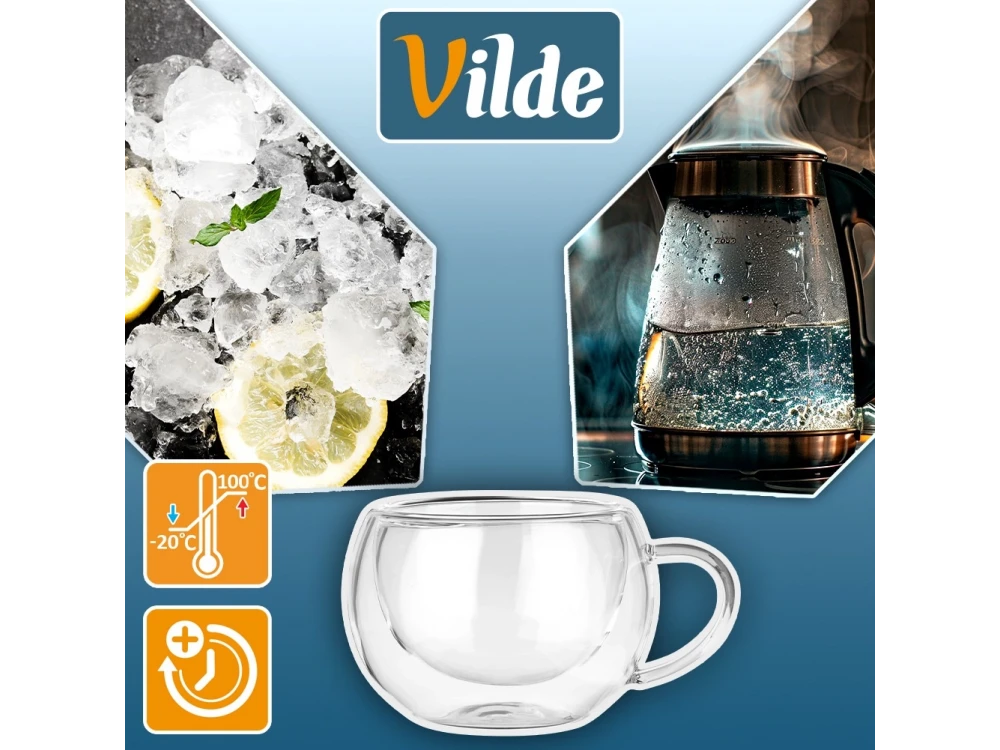 Vilde Premium Double Walled Glass, Cappuccino Cups Set of 2 280ml Double Borosilicate, with Handle