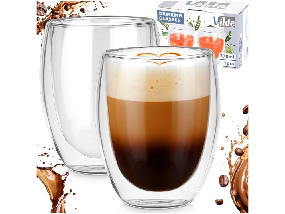 Vilde Premium Double Walled Glass, Cappuccino / Latte Macchiato Cups set of 2 370ml made of Double Borosilicate Glass