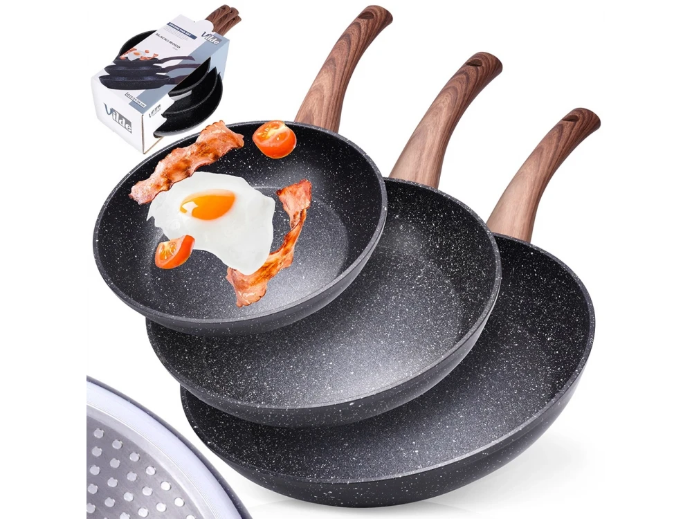 Vilde Premium Frying Pan Set Granite, Set of 3 Non-Stick Aluminum Frying Pans with Granite Coating 20 / 24 / 28cm