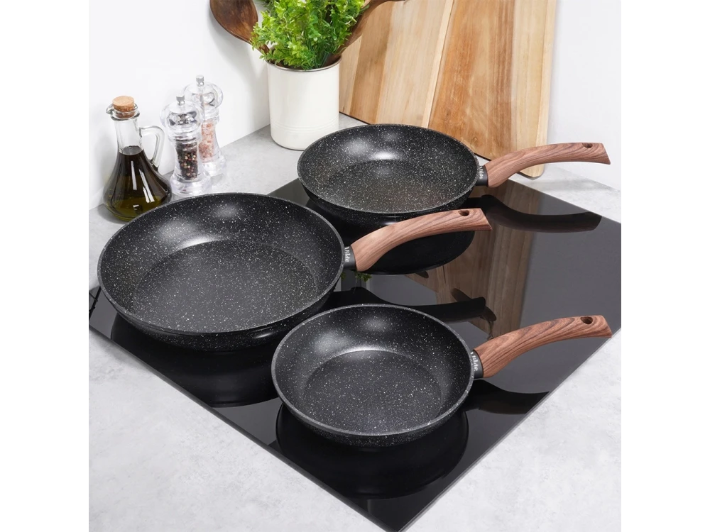 Vilde Premium Frying Pan Set Granite, Set of 3 Non-Stick Aluminum Frying Pans with Granite Coating 20 / 24 / 28cm