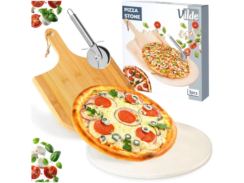 Vilde Premium Pizza Stone Set 33cm, Pizza Set with Ceramic Baking Stone, Acacia Serving Plate & Cutting Wheel