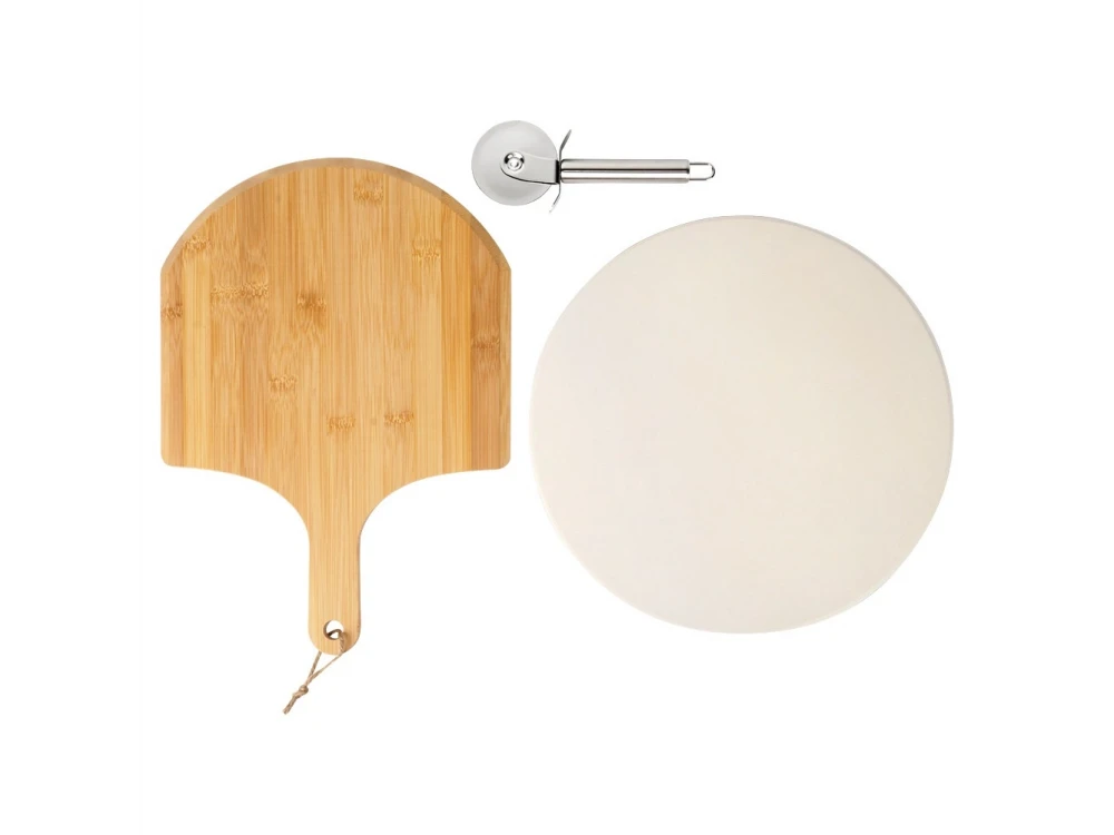 Vilde Premium Pizza Stone Set 33cm, Pizza Set with Ceramic Baking Stone, Acacia Serving Plate & Cutting Wheel