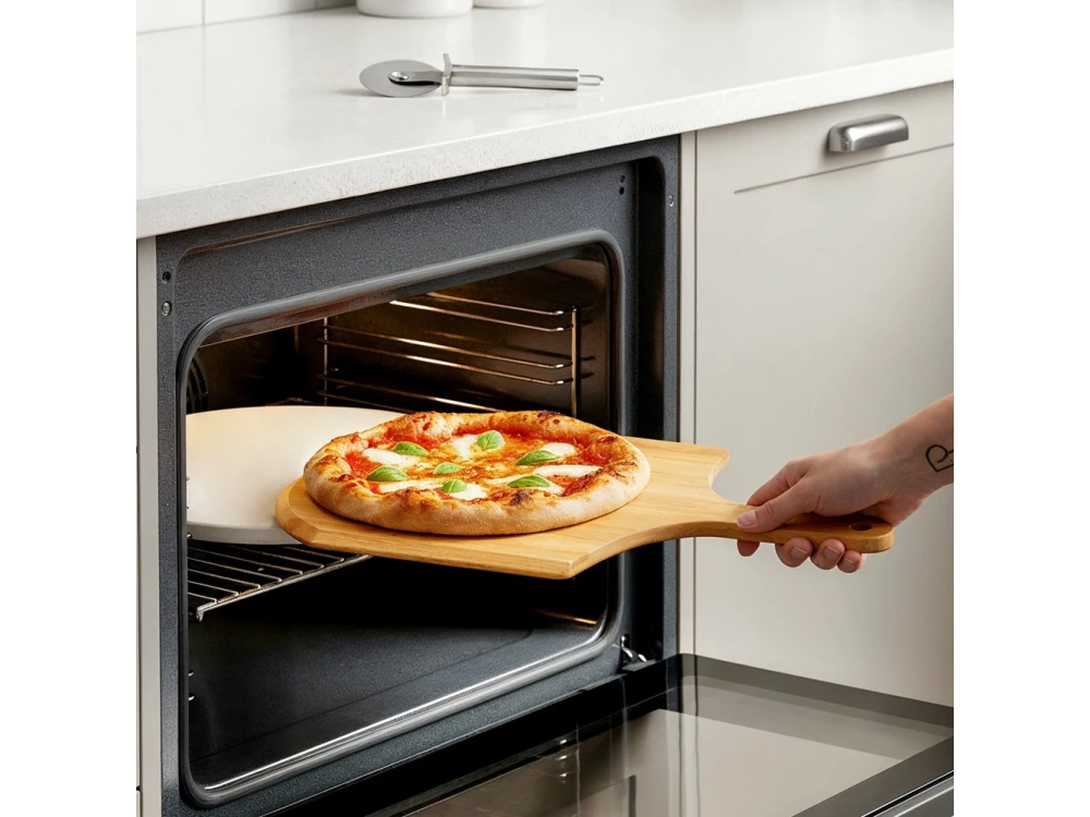 Vilde Premium Pizza Stone Set 33cm, Pizza Set with Ceramic Baking Stone, Acacia Serving Plate & Cutting Wheel