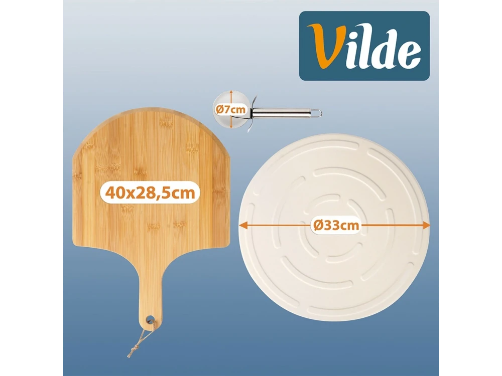 Vilde Premium Pizza Stone Set 33cm, Pizza Set with Ceramic Baking Stone, Acacia Serving Plate & Cutting Wheel