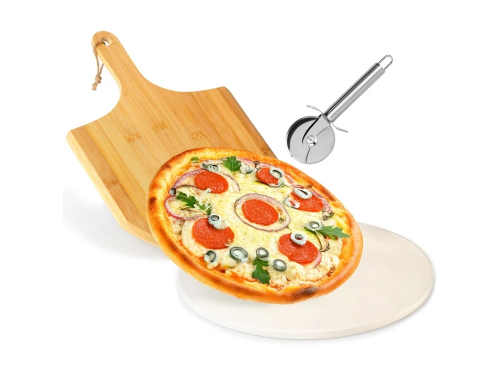 Vilde Premium Pizza Stone Set 33cm, Pizza Set with Ceramic Baking Stone, Acacia Serving Plate & Cutting Wheel