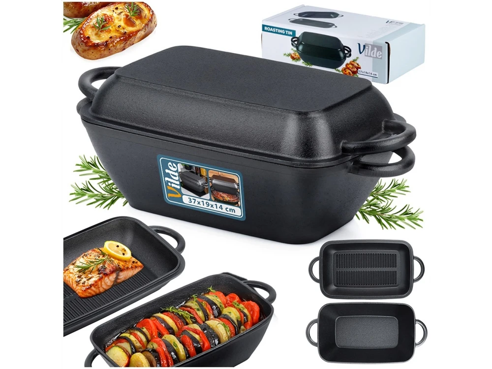 Vilde Roasting Tin Cast Iron 2-in-1, Cast Iron Casserole 3.5L + 1.L, Black