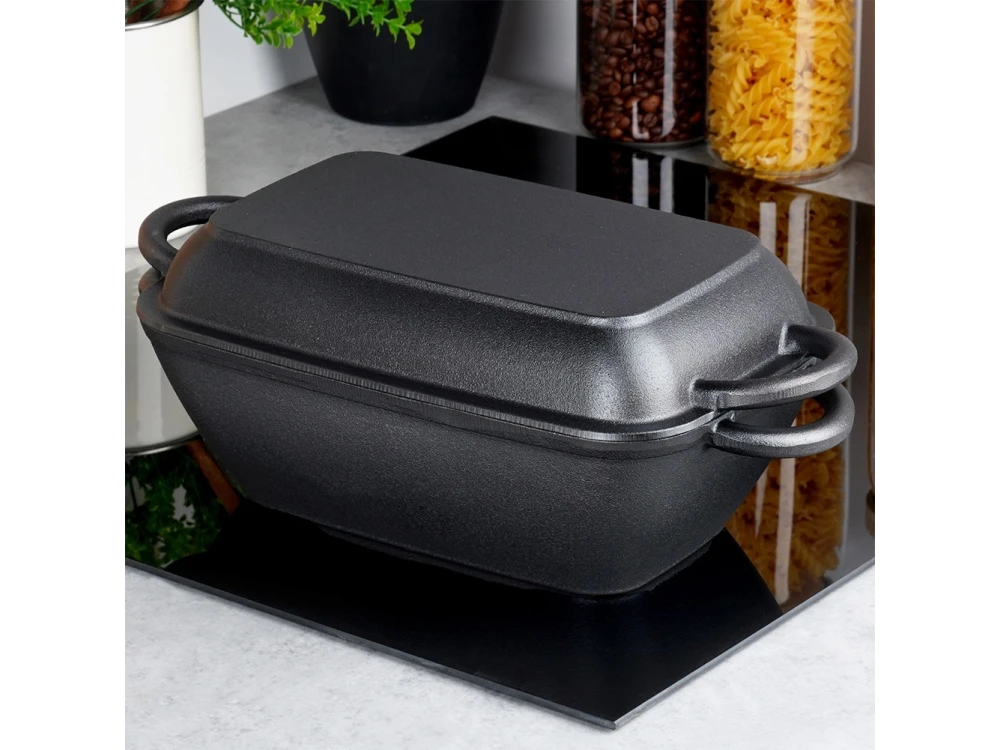 Vilde Roasting Tin Cast Iron 2-in-1, Cast Iron Casserole 3.5L + 1.L, Black