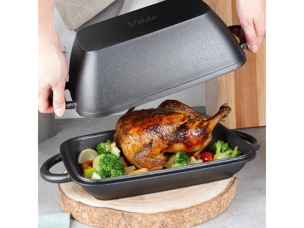 Vilde Roasting Tin Cast Iron 2-in-1, Cast Iron Casserole 3.5L + 1.L, Black