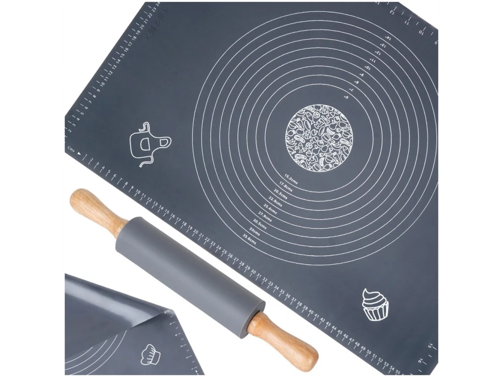 Vilde Silicone Baking Mat with Rolling Pin, Silicone Kneading Mat Set 65 x 45cm & Rolling Pin with Wooden Handles