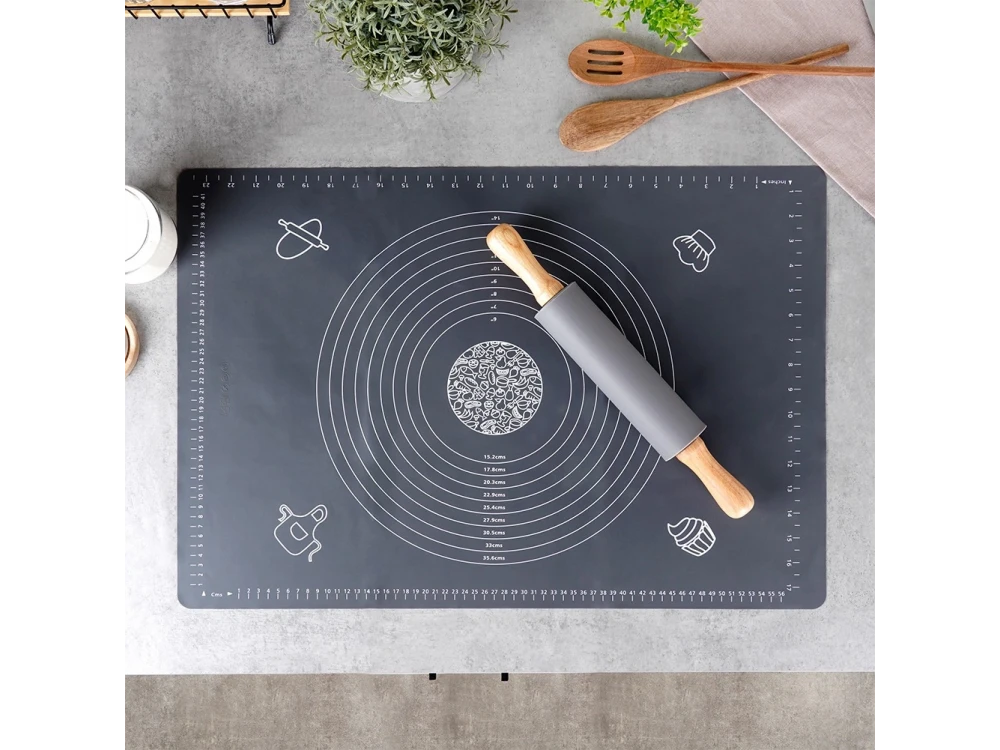 Vilde Silicone Baking Mat with Rolling Pin, Silicone Kneading Mat Set 65 x 45cm & Rolling Pin with Wooden Handles