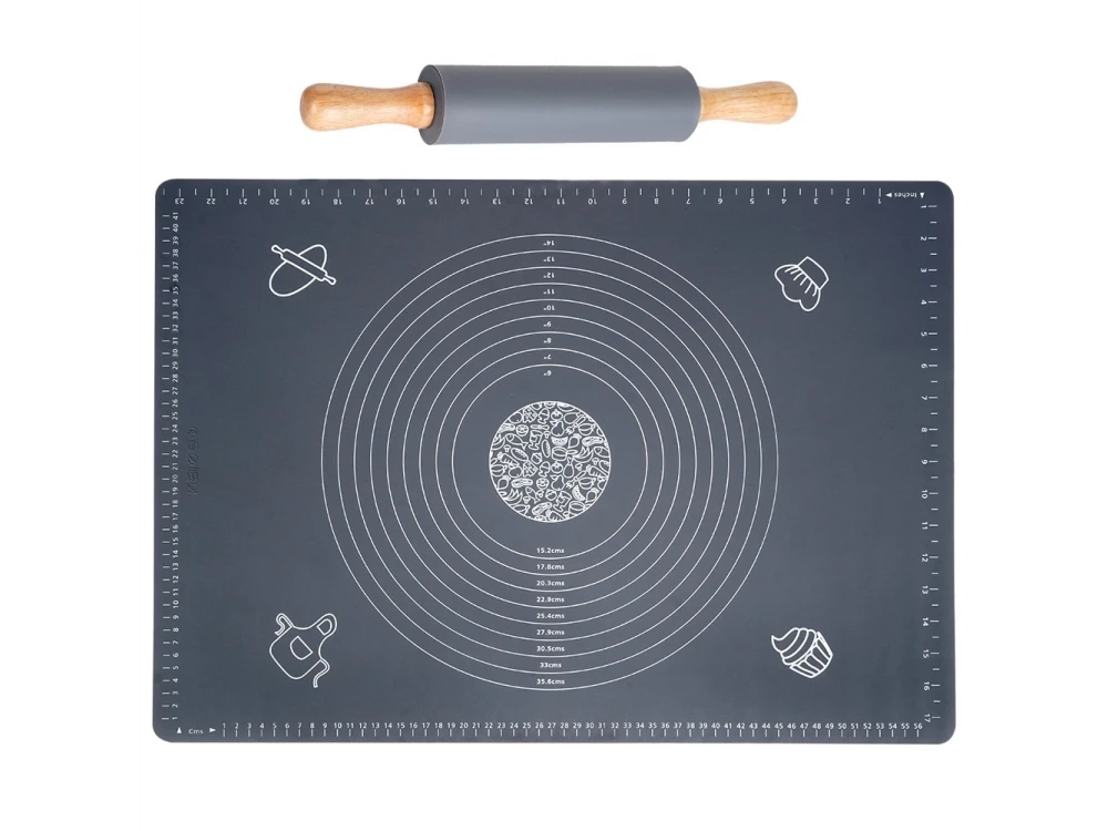 Vilde Silicone Baking Mat with Rolling Pin, Silicone Kneading Mat Set 65 x 45cm & Rolling Pin with Wooden Handles