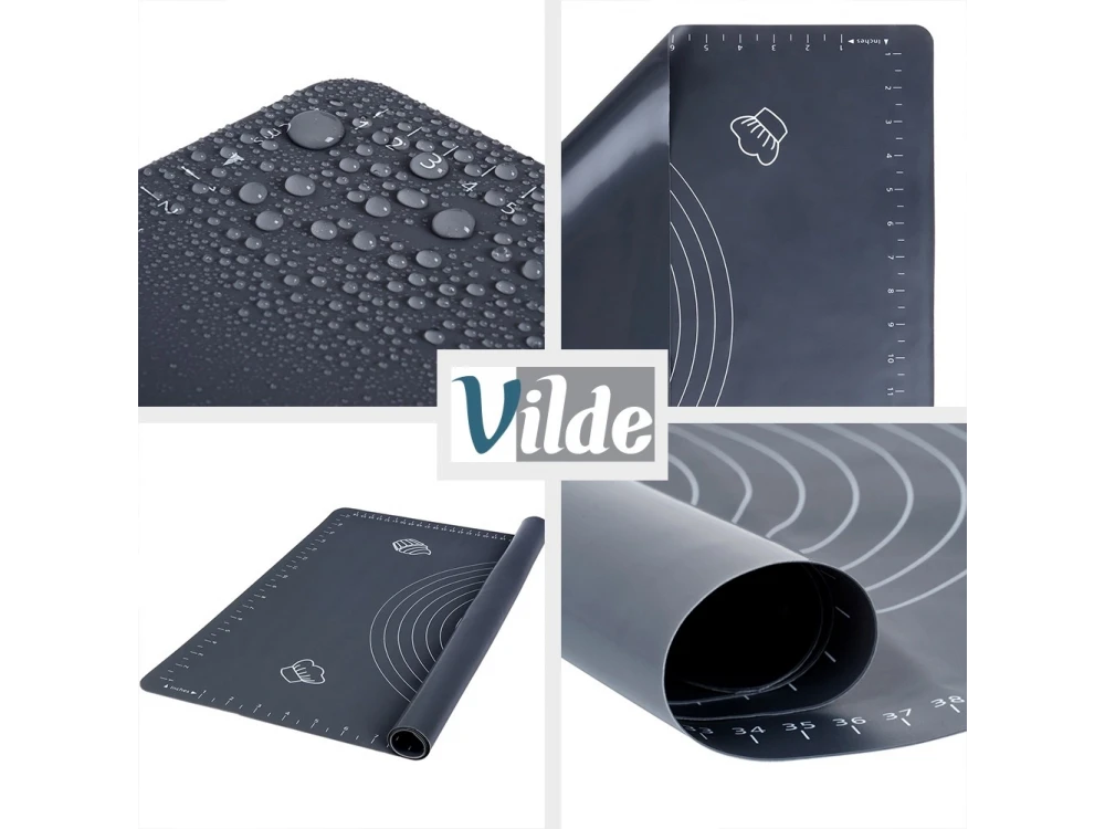 Vilde Silicone Baking Mat with Rolling Pin, Silicone Kneading Mat Set 65 x 45cm & Rolling Pin with Wooden Handles
