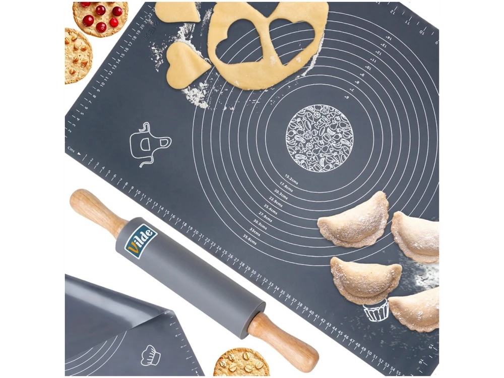 Vilde Silicone Baking Mat with Rolling Pin, Silicone Kneading Mat Set 65 x 45cm & Rolling Pin with Wooden Handles