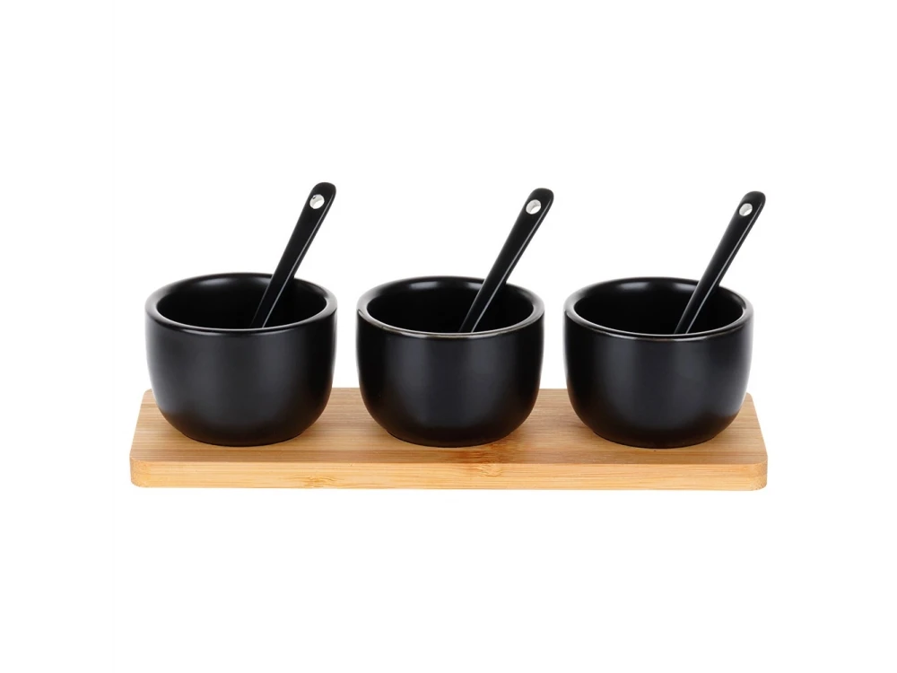 Vilde Snack Bowls with Spoons Ceramic, Set of 3 with Spoons & Bamboo Base, Black
