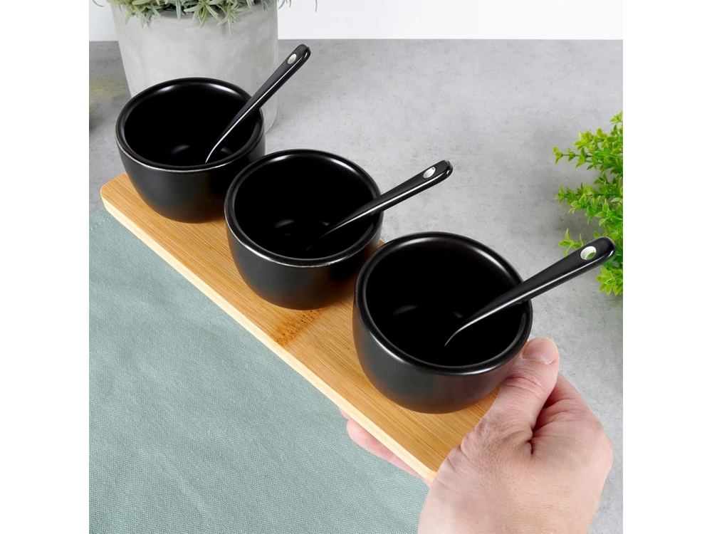 Vilde Snack Bowls with Spoons Ceramic, Set of 3 with Spoons & Bamboo Base, Black