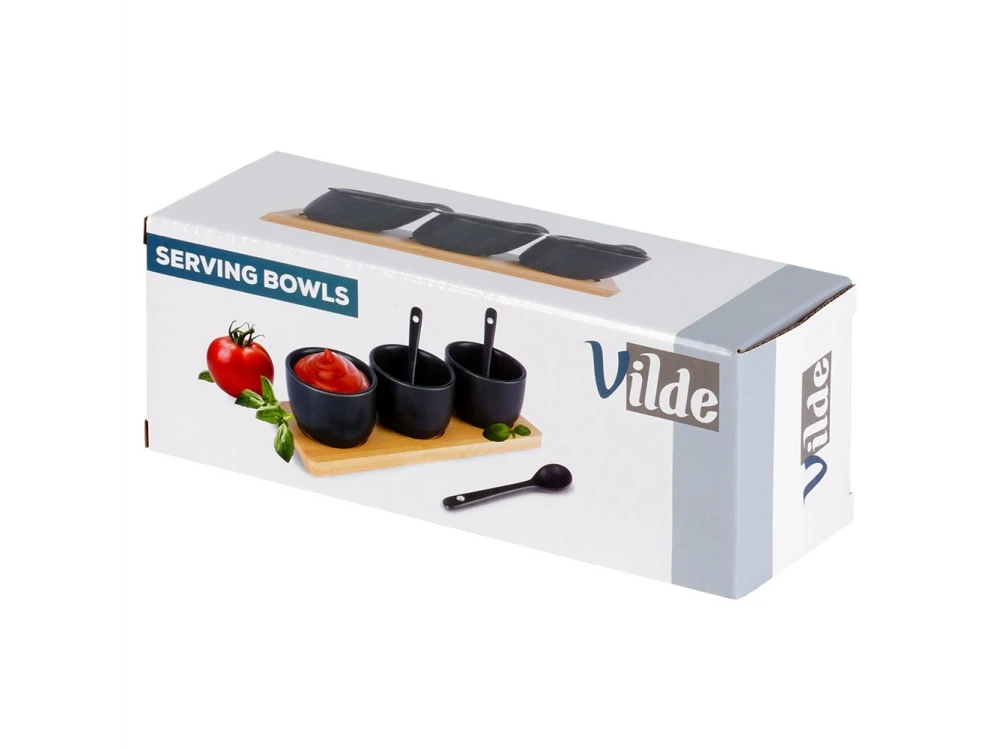 Vilde Snack Bowls with Spoons Ceramic, Set of 3 with Spoons & Bamboo Base, Black