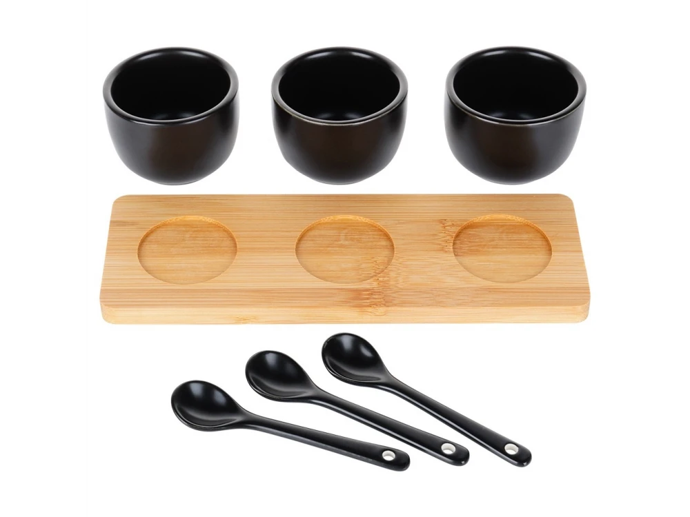 Vilde Snack Bowls with Spoons Ceramic, Set of 3 with Spoons & Bamboo Base, Black