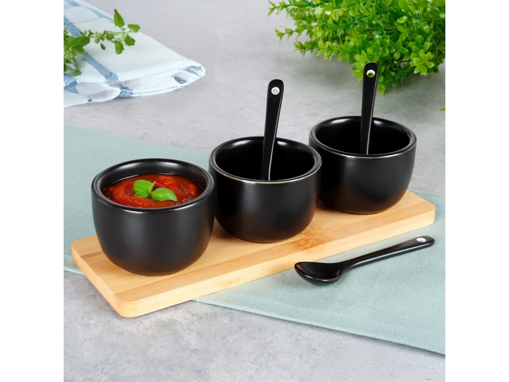 Vilde Snack Bowls with Spoons Ceramic, Set of 3 with Spoons & Bamboo Base, Black