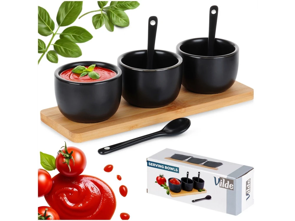 Vilde Snack Bowls with Spoons Ceramic, Set of 3 with Spoons & Bamboo Base, Black