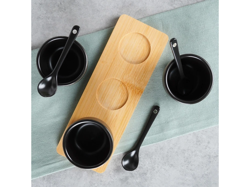 Vilde Snack Bowls with Spoons Ceramic, Set of 3 with Spoons & Bamboo Base, Black