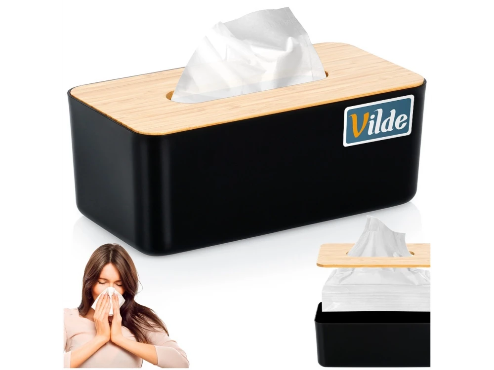 Vilde Tissue Box Holder, Wooden Tissue Box 24x13x9.5cm, Black