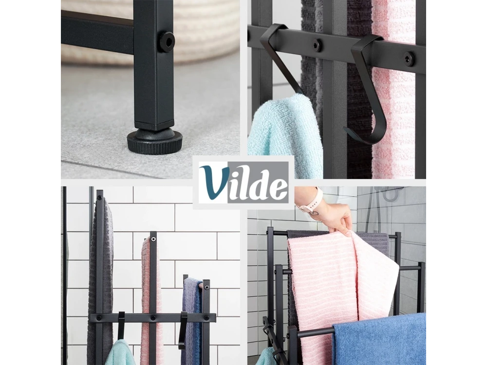 Vilde Towel Stand, Triple Bathroom Towel Hanger 45x25x84cm Metallic, Black