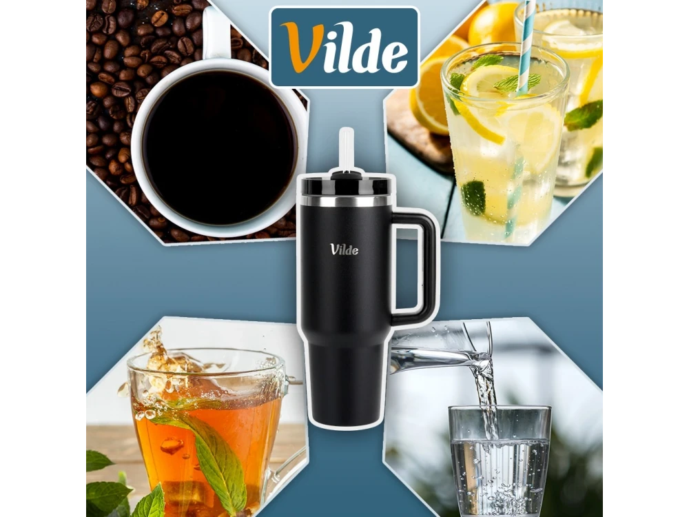 Vilde Travel Mug Steel, Stainless Steel Thermos 1.2lt with Straw and Handle, Black