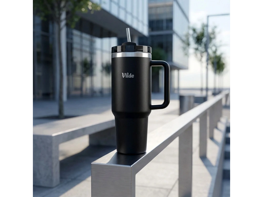 Vilde Travel Mug Steel, Stainless Steel Thermos 1.2lt with Straw and Handle, Black
