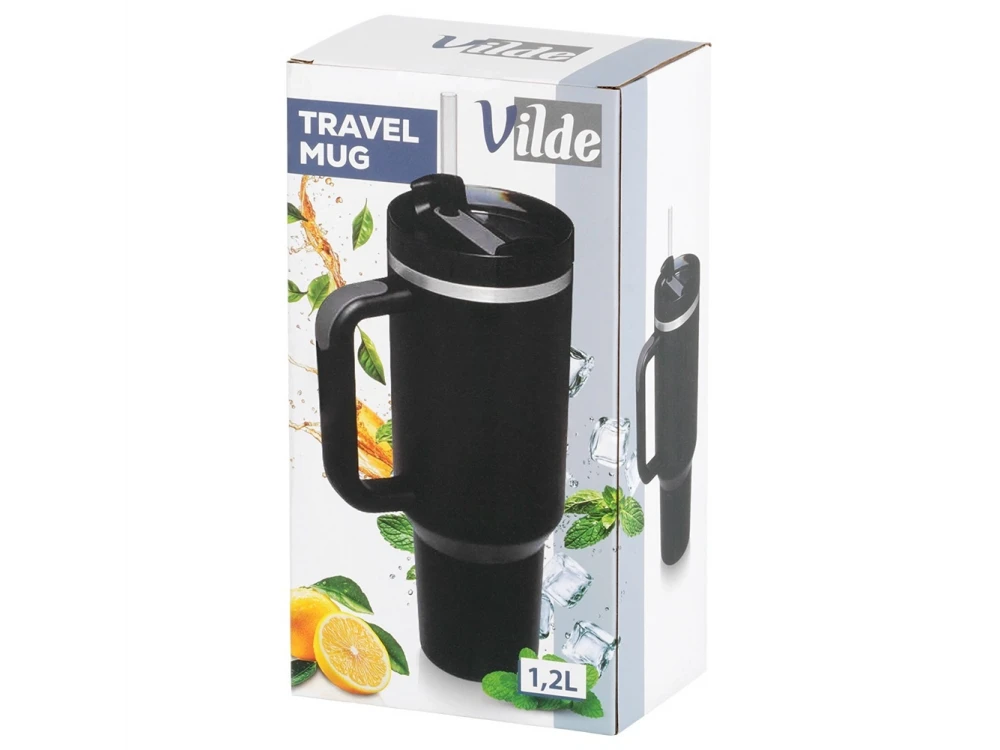 Vilde Travel Mug Steel, Stainless Steel Thermos 1.2lt with Straw and Handle, Black