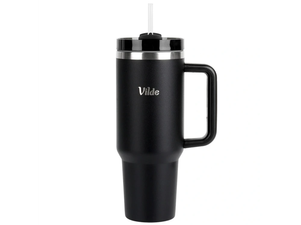 Vilde Travel Mug Steel, Stainless Steel Thermos 1.2lt with Straw and Handle, Black