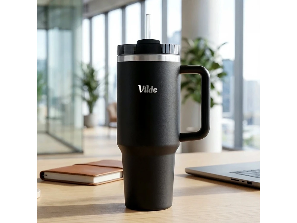 Vilde Travel Mug Steel, Stainless Steel Thermos 1.2lt with Straw and Handle, Black