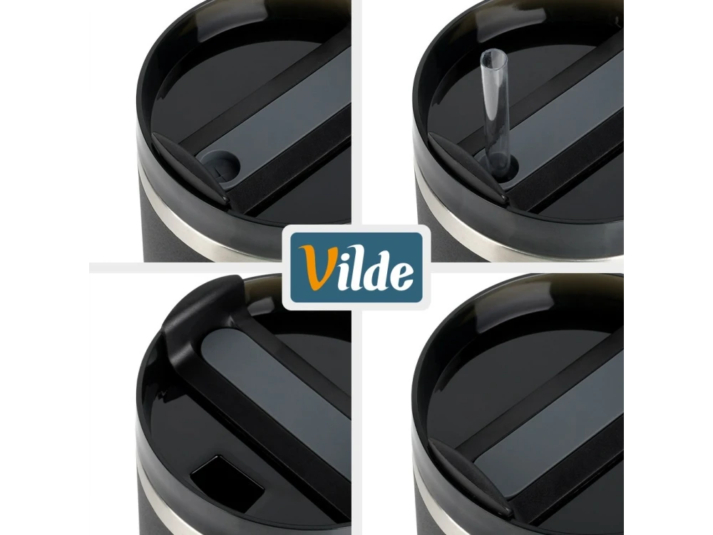 Vilde Travel Mug Steel, Stainless Steel Thermos 1.2lt with Straw and Handle, Black