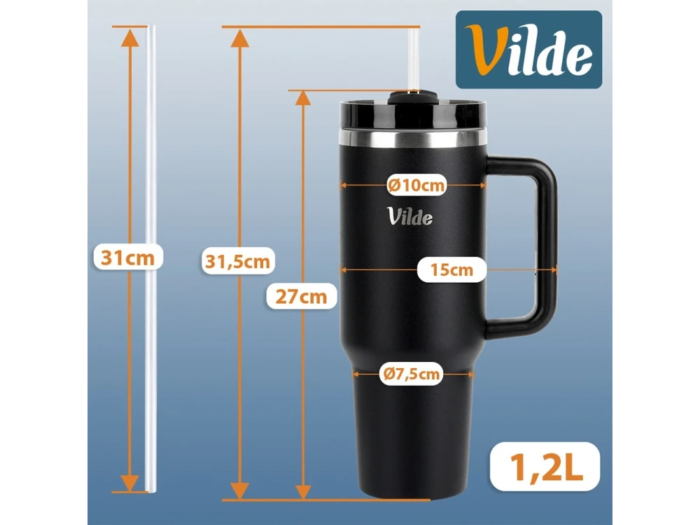 Vilde Travel Mug Steel, Stainless Steel Thermos 1.2lt with Straw and Handle, Black