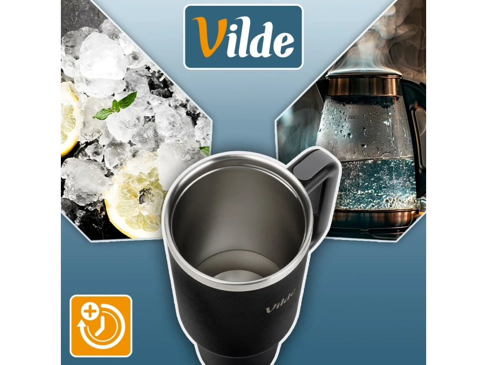 Vilde Travel Mug Steel, Stainless Steel Thermos 1.2lt with Straw and Handle, Black