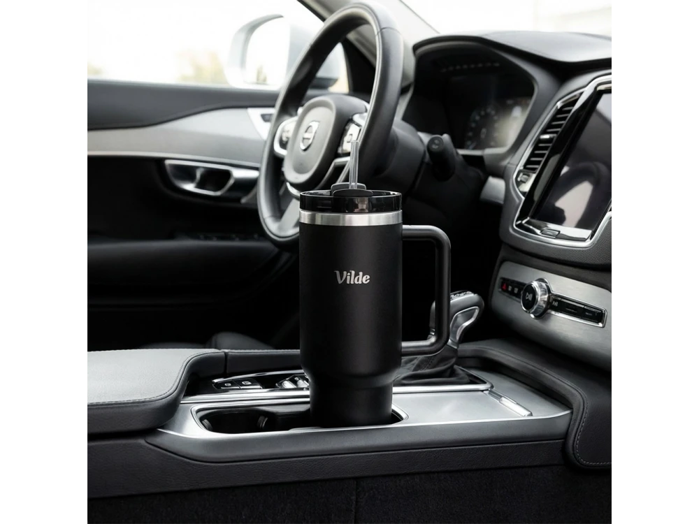 Vilde Travel Mug Steel, Stainless Steel Thermos 1.2lt with Straw and Handle, Black